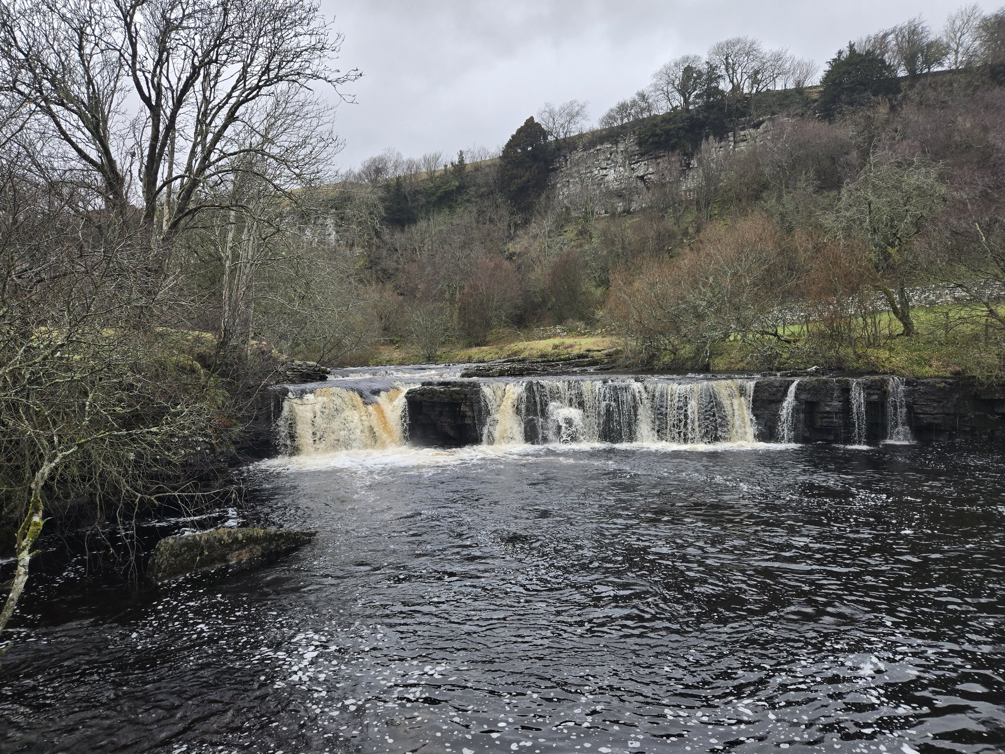 Waterfall with limestone cliff and trees behind. Overcast sky.